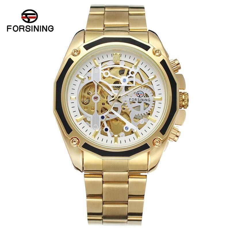 OIMG Forsining F1030 Hollow Men'S Steel Belt Mechanical Movement Stainless Steel Men Automatic Watch Lack Steel Transparent Stainless Fashion Band Design Wrist Watch