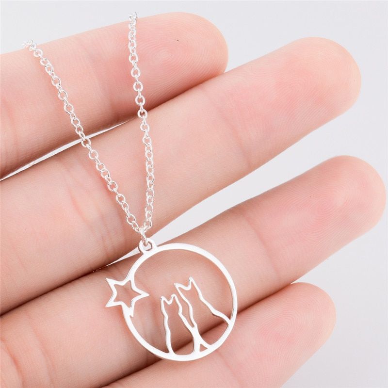 Jisensp Hollow Moon Cat Stainless Steel Necklace for Women Jewelry Fashion Love Heart Choker Pendant bijoux