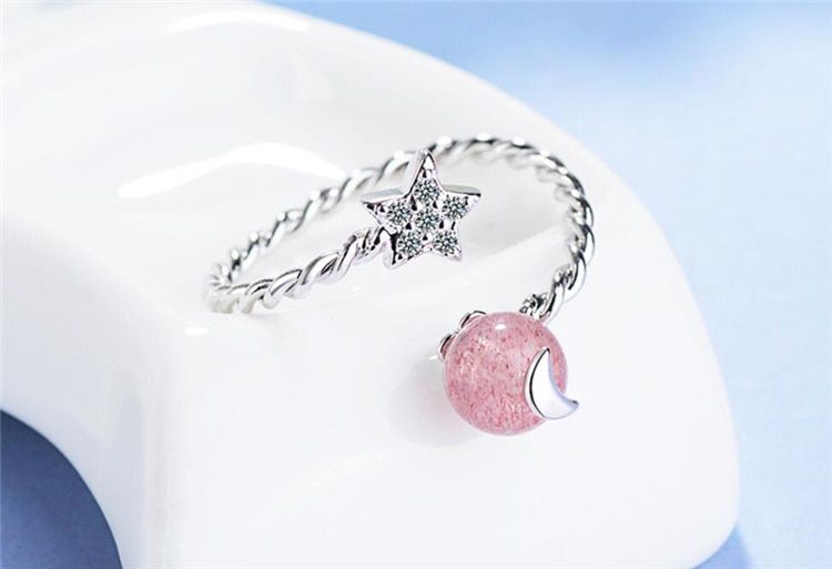 Fresh Strawberry Crystal Heart Opening Star Moonstone 925 Sterling Silver Personality Female Resizable Opening Rings SRI209