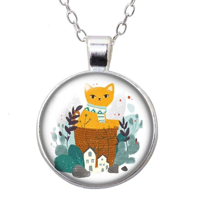 Lovely drawing Cats Flowers Love pets Round Pendant Necklace 25mm Glass Cabochon Silver color Jewelry Women Birthday Gift 50cm