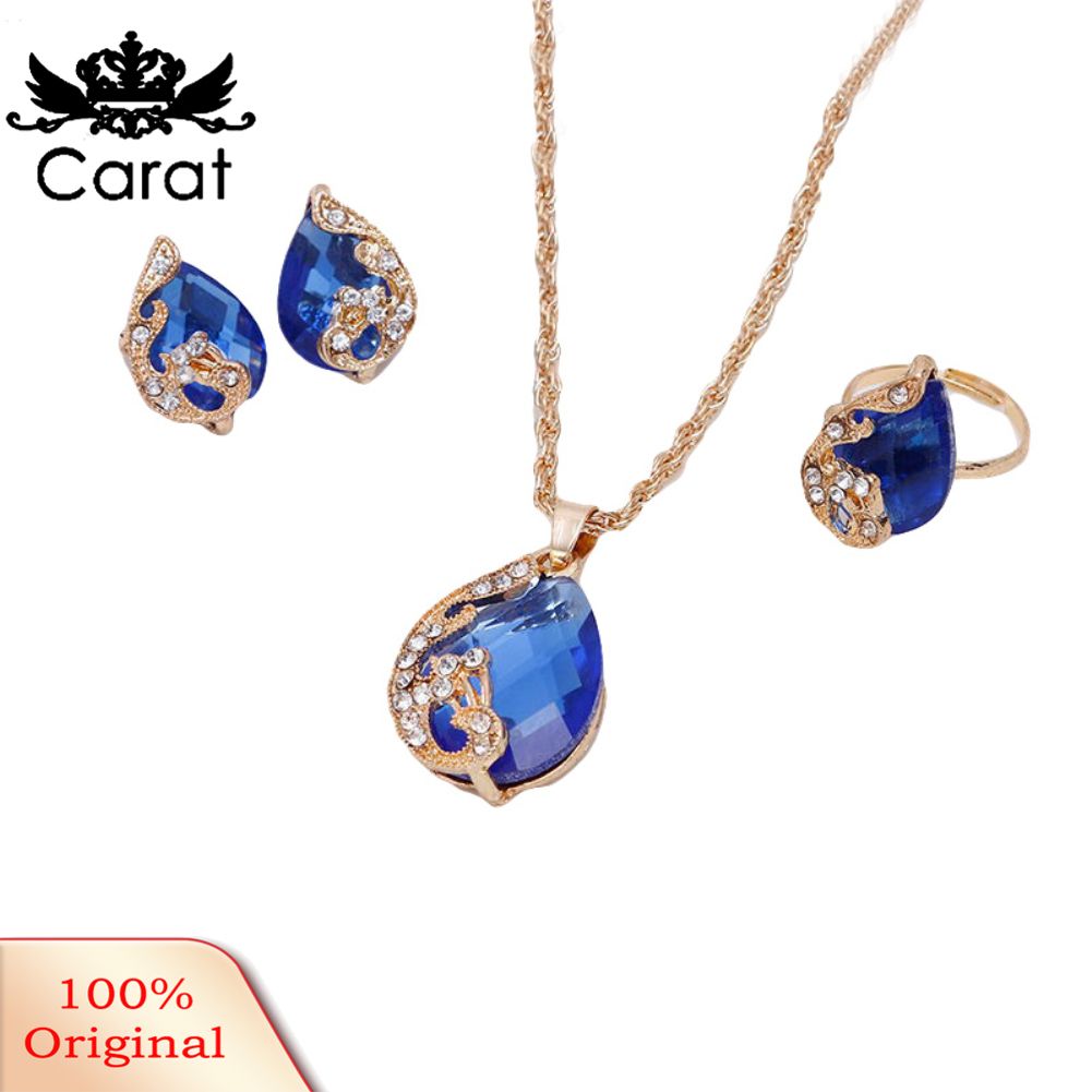 Carat Women Rhinestone Peacock Water Drop Pendant Necklace Earrings Ring Jewelry Set