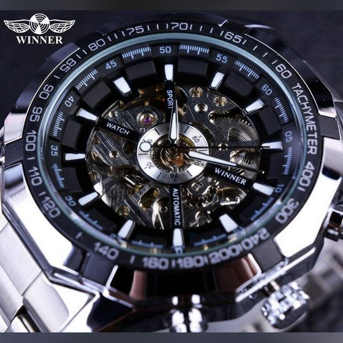 Steel Strap Watch Women Men Skeleton Automatic Mechanical Watch - intl