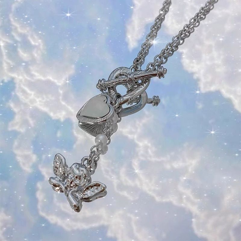 Kpop Vintage Heart Angel Pendant Clavicle Chain Necklace for Women Egirl Gothic Punk Y2K Cupid Pendant Necklace Party Jewelry
