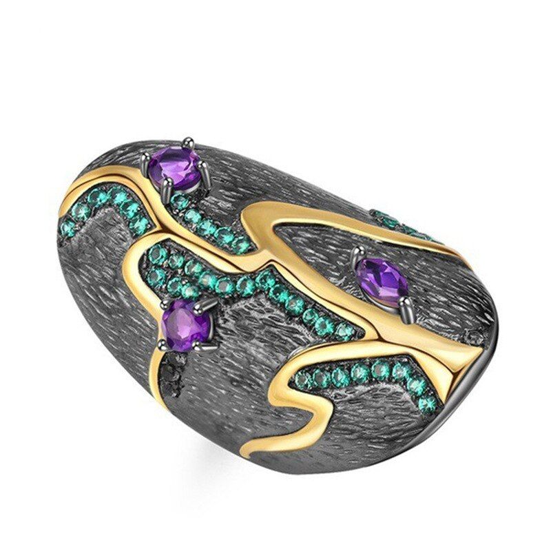 Fashion Vintage Purple Opal Big Flower Ring White Moon Stone Rhinestone Engagement Rings for Women Gifts Wedding Boho Jewelry
