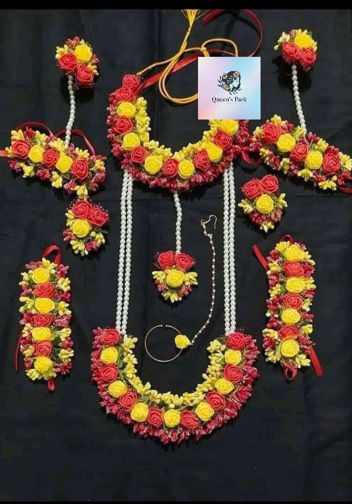 Exclusive design artificial flower bridal set Red and yellow colour combination 10pieces set