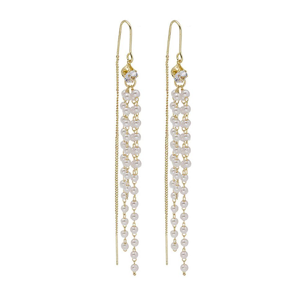 Women's Ear Hook Pearl Crystal Long Tassel Drop-shaped Earrings Ear Drop