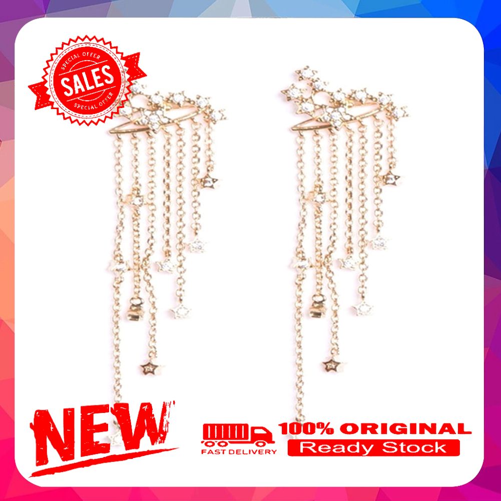Women Rhinestone Inlaid Star Tassel Dangle Earrings Ear Jackets Piercing Jewelry
