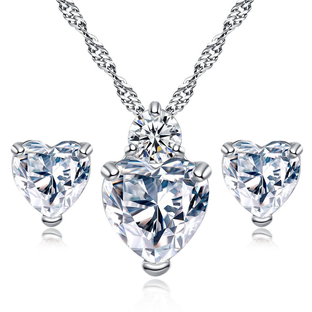 Lady Shiny Cubic Zirconia Love Heart Pendant Necklace Stud Earrings Jewelry Set