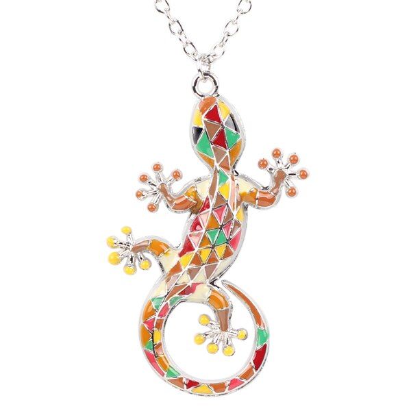Bonsny Statement Collar Alloy Enamel Gecko Lizard Necklace Long Chain Pendant News Choker Jewelry For Women Accessories(null)