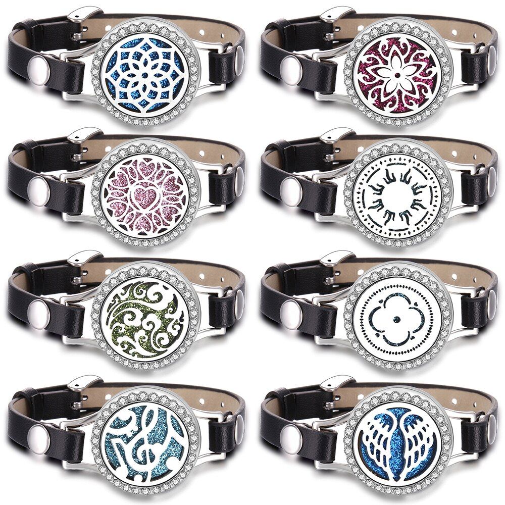 Angel Wings Zircon Bracelets Aroma Essential Oil Diffuser Lockets Stainless Steel Leather Wristband Couples Bracelet Jewelry