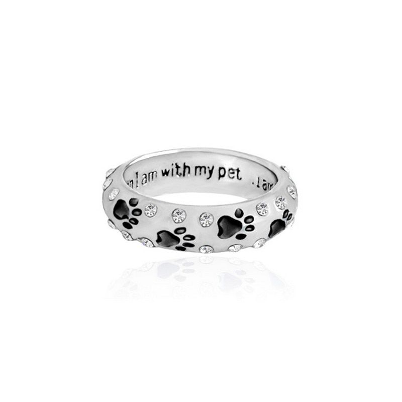 "when I am with my pet" Black Red Blue Footprints El Ring Rhinestones Animal Claw Dog Paw Rings For Women Men Jewelry Gifts