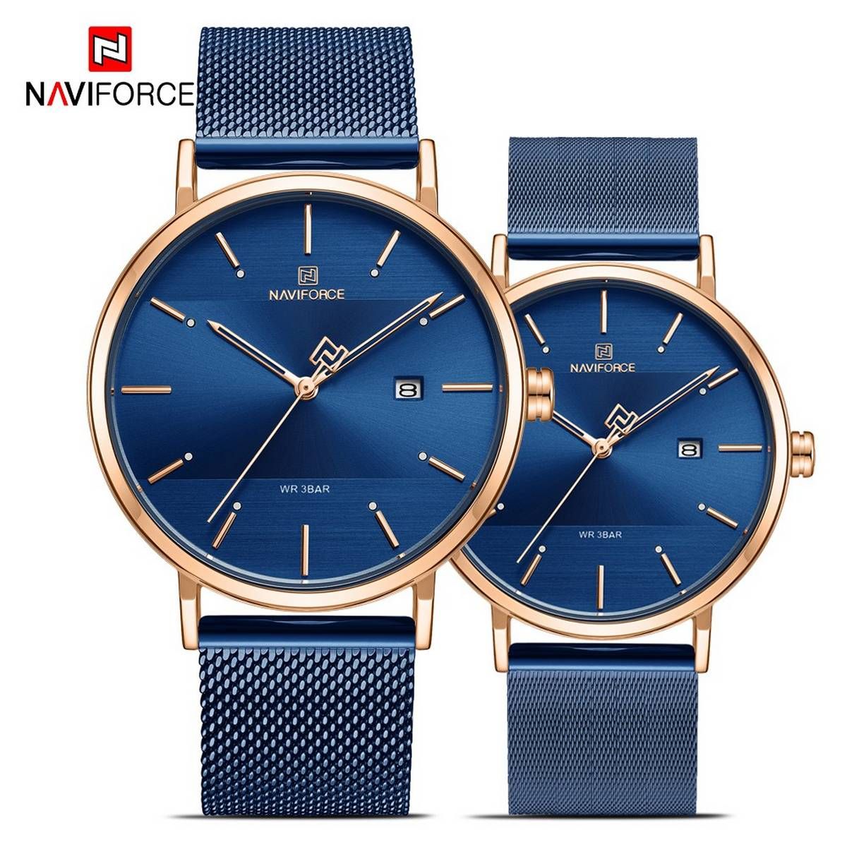 NAVIFORCE NF3008 Royal Blue Mesh Stainless Steel Analog Watch For Couple - RoseGold & Royal Blue