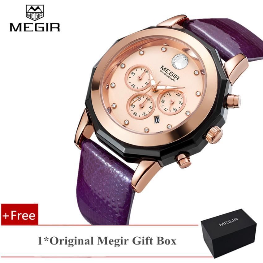 【BestGO】MEGIR 2042 Luxury Brand Woman Watches 24-hour Chronograph Fashion Leather Wrist Quartz Ladies Luminous Hands watch Lover for Girl Lover Female Dress Watches with gift Box