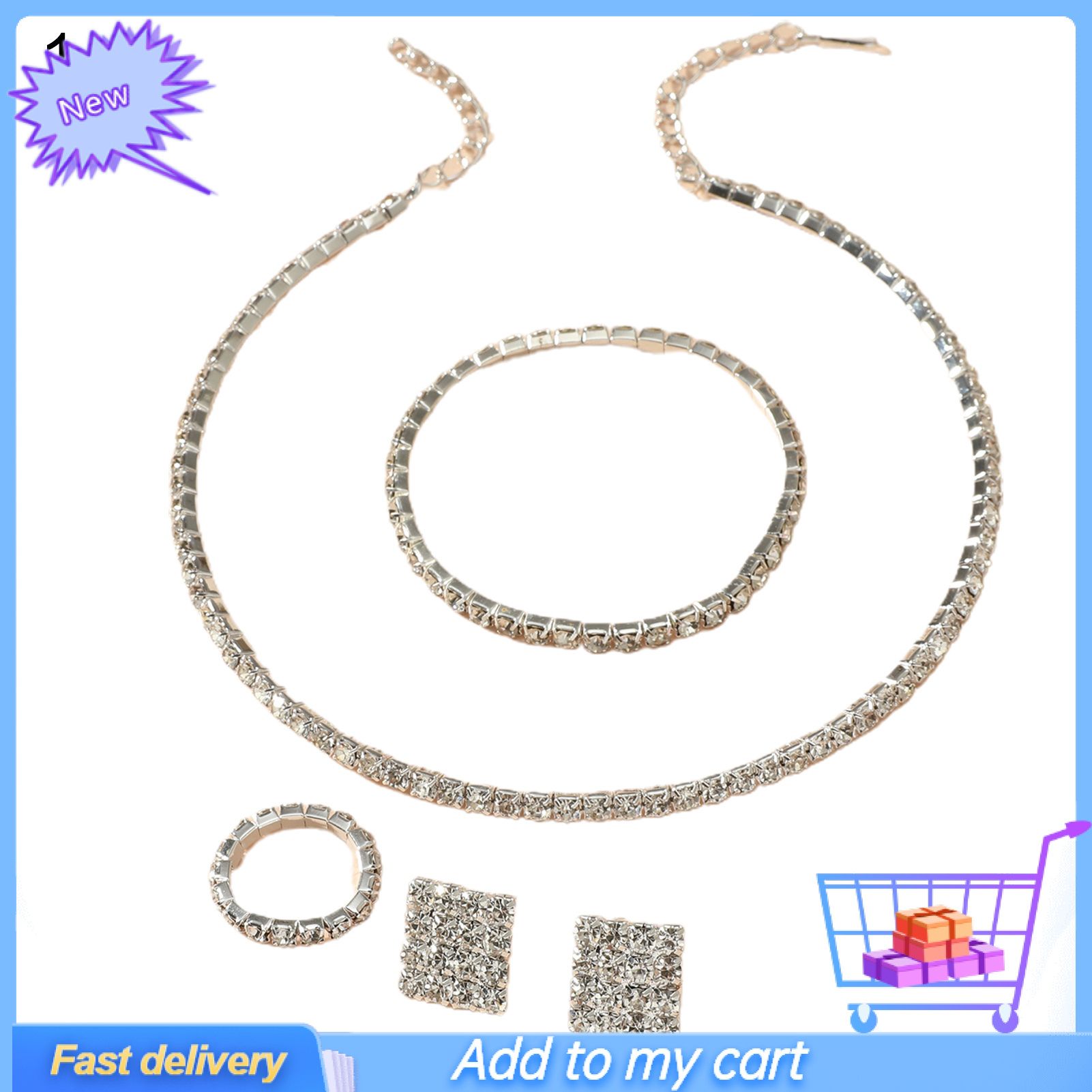 4Pcs/Set Extension Chain Necklace Earrings Bracelet Ring Adjustable Multi Rows Full Rhinestone Women Choker Necklace Set Jewelry Accessory