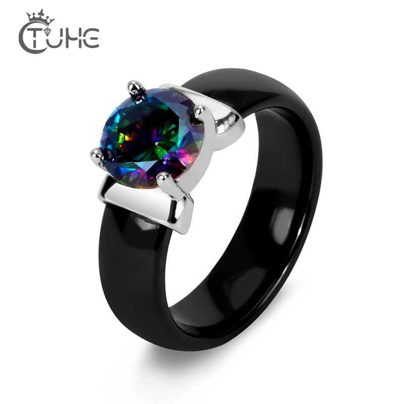 Rainbow Fire Mystic Crystal Zircon Ring White Black Innocuous Ceramic Rings Plus CZ For Women Wedding Ring Engagement Jewelry