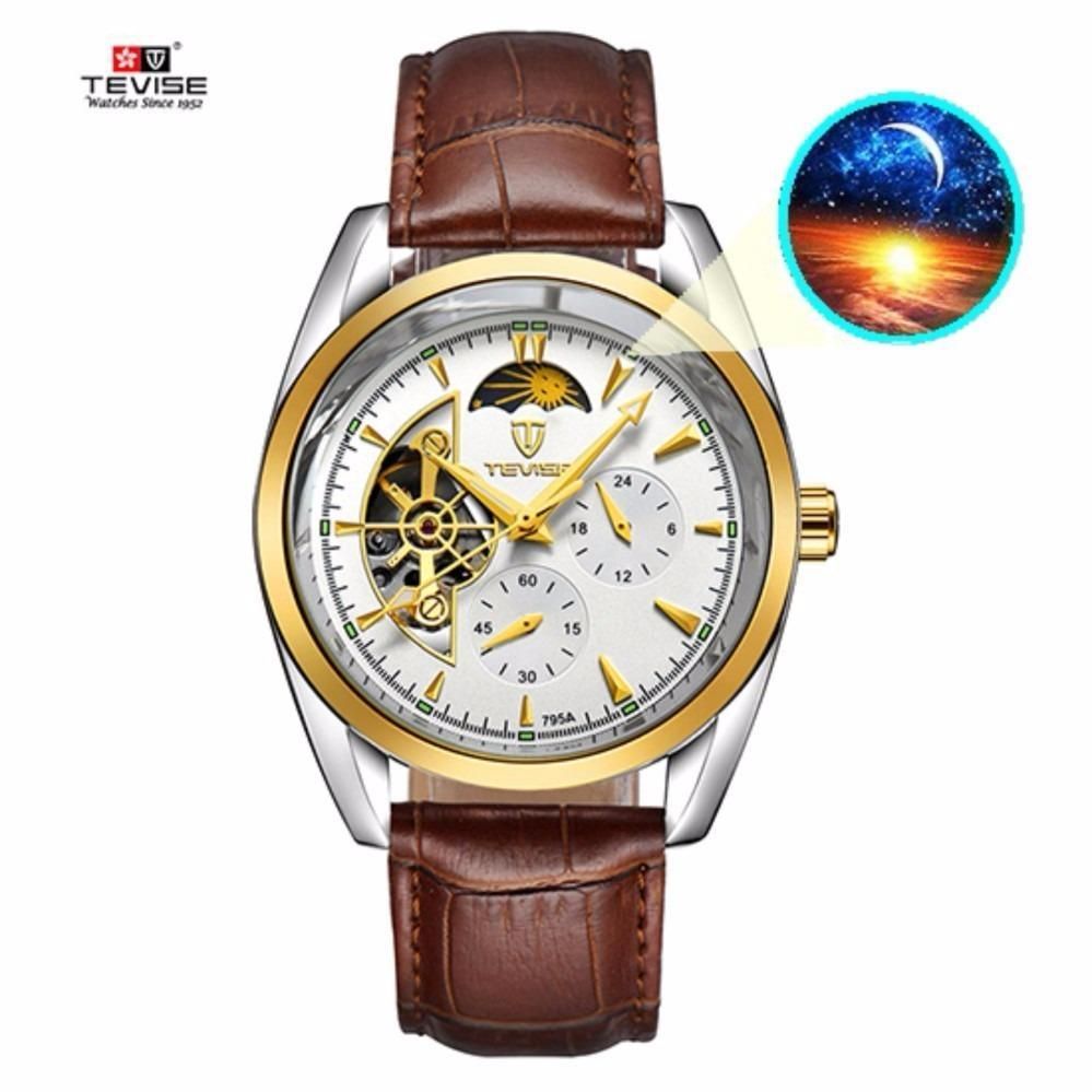 【BestGO】Tevise Men Watch Tourbillon Automatic Mens Watches Top Brand Luxury Moon Phase Watch Mechanical Leather Strap Watch for Man Saat 795a