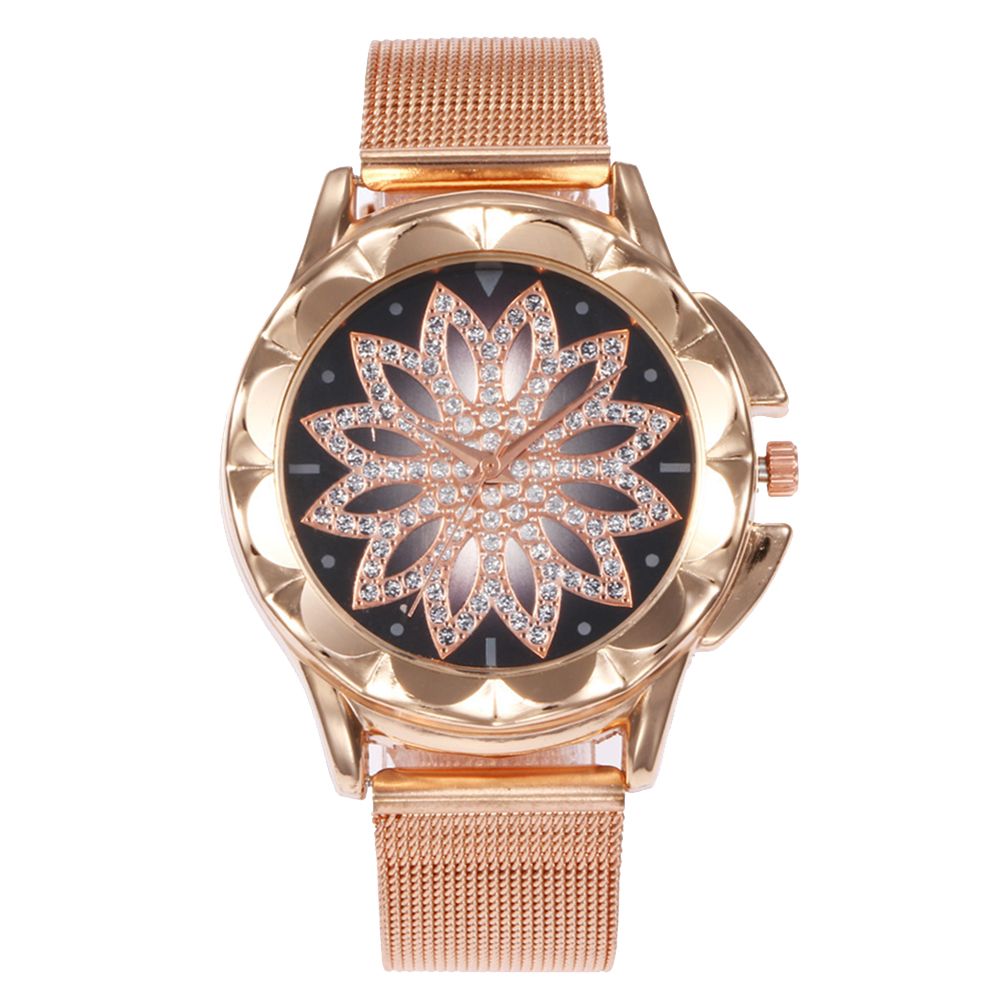 Luxury Rhinestone Floral Round Dial Alloy Mesh Band Women Quartz Wrist Watch