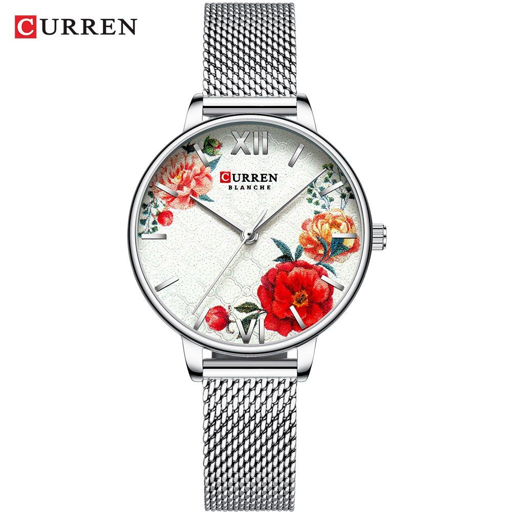 CURREN 9060 New Ladies Flower Watches Women Stainless Steel Wristwatch Women's Fashion Quartz Clock mujer Casual【With Box】