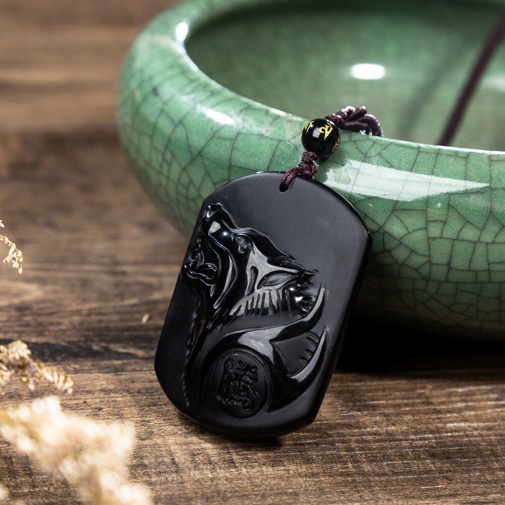 Obsidian Wolf Pendant Necklace Rock Men Wealthy Symbol Jewelry