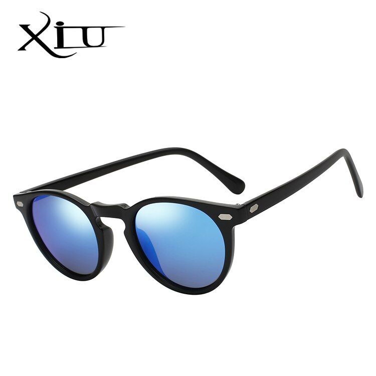 Black w blue mirrorXIU Round Sunglasses Women Brand Designer Sunglases Woman Sun Glasses Fashion Summer Gafas Feminino Oculos De Sol