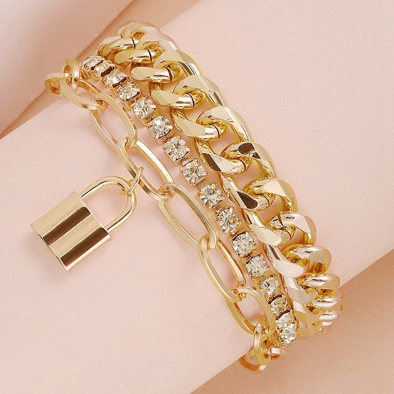 Gothic Lock Pendent Bracelets Set For Women Boho Rhinestone Chain Bracelets Bangles Fashion Jewelry