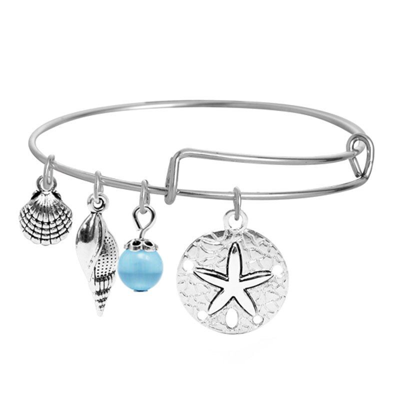 European and American Fashion Expandable Wire Bangles for Women Trendy Silver Color Starfish Heart Charms Bracelet Jewelry