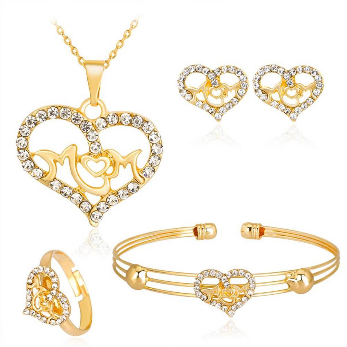 KC Gold Plated Mom Hollow Heart Necklace Set Bracelet Earrings