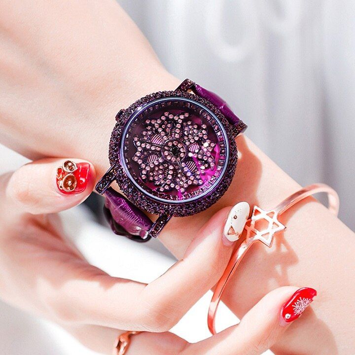 Creative Rotation Dial Watch Women Luxury Brand Diamond Crystal Leather Ladies Watch gold female wristwatch relogio feminino