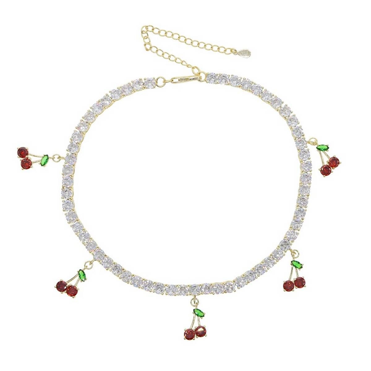 2020 summer new Iced out sparking bling 5A cz paved cute lovely cherry charm clear cz tennis chain choker women necklace 32+10cm