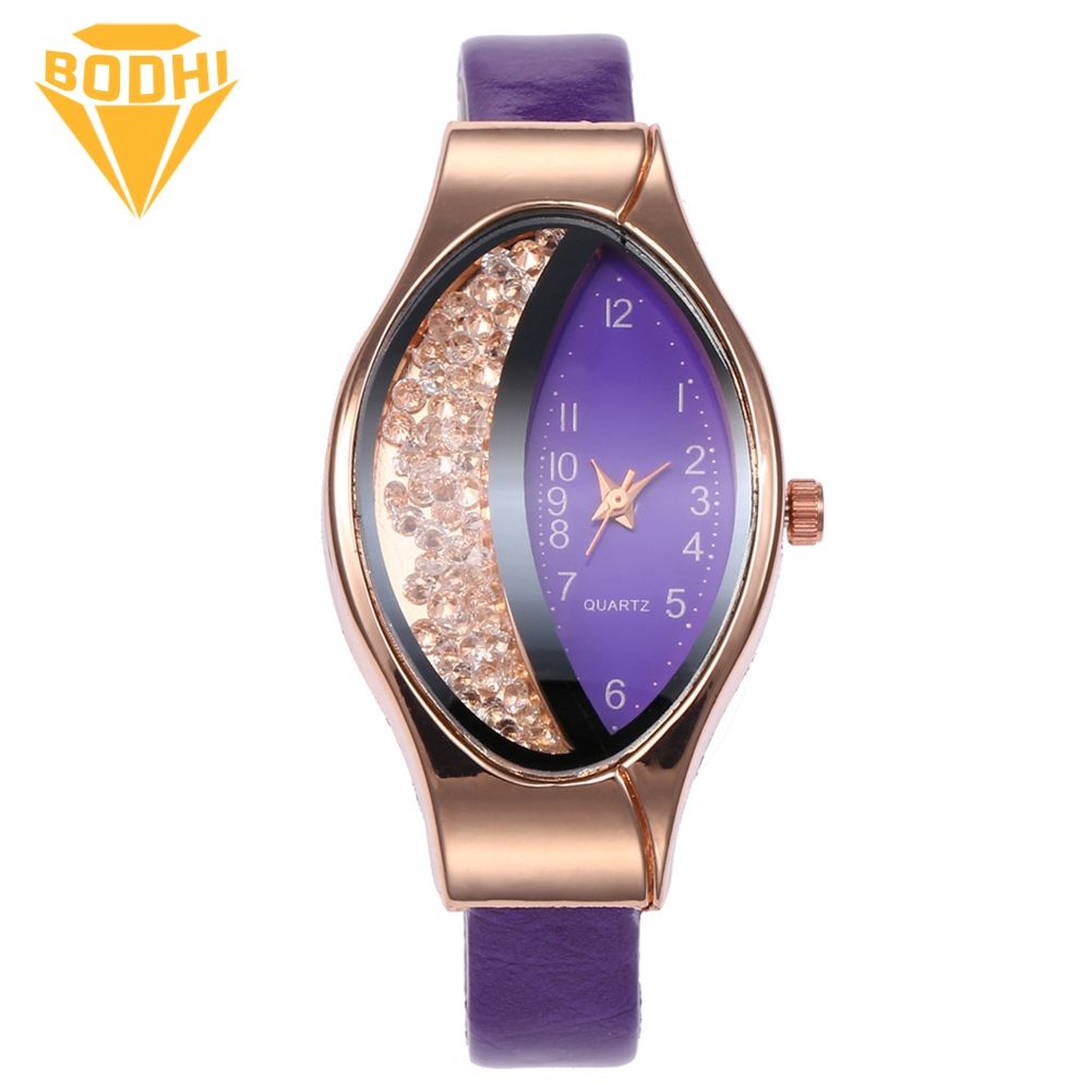 BODHI Lady Quicksand Rhinestone Oval Dial Faux Leather Strap Analog Quartz Wrist Watch