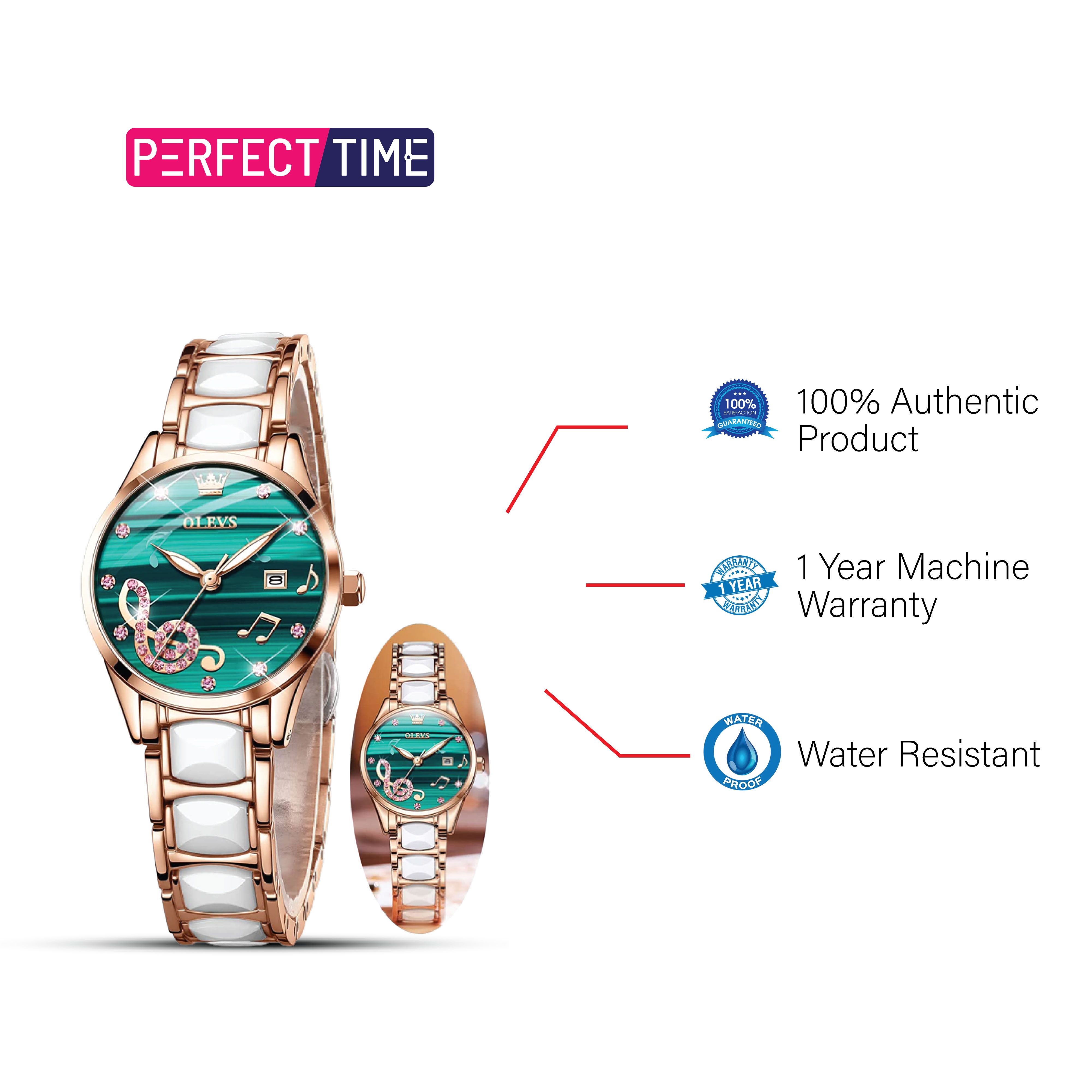 OLEVS 3605 New Light Luxury Women's Watch Fashion Simple Temperament Stainless Steel Ceramic Strap Quartz Watch 3605 rose gold white & green