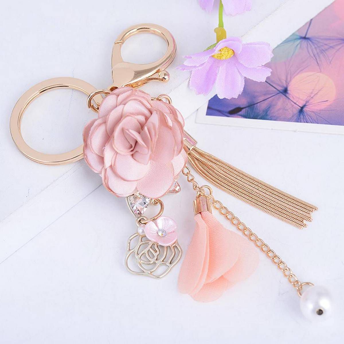 Fabric Flower Long Tassel Keychain Chain Keyring Handbag Hanging Decor