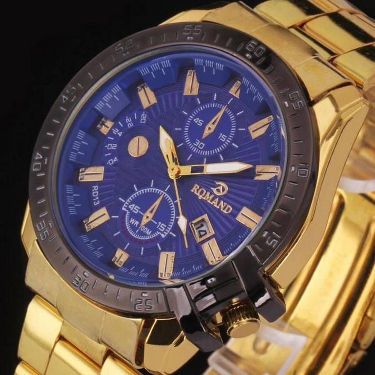 Luxury Mens Black Dial Gold Stainless Steel Date Quartz Analog Sport Wrist Watch Gold - intl