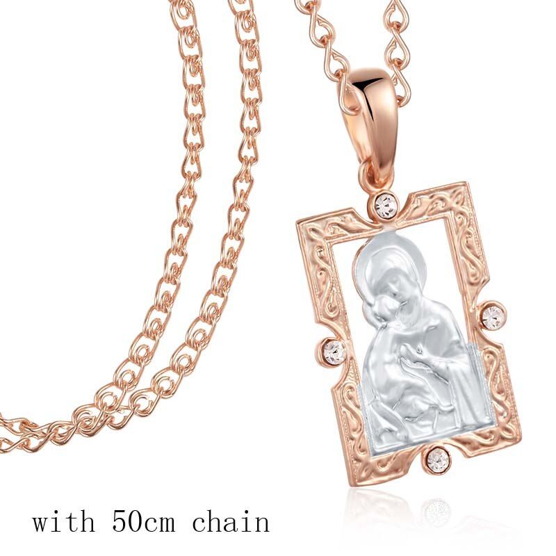 FJ 3 Style 2 Color Traditional Women Unisex 585 Rose Gold Color Crystal Square Icon Mother Son of God Pendants Optional Necklace
