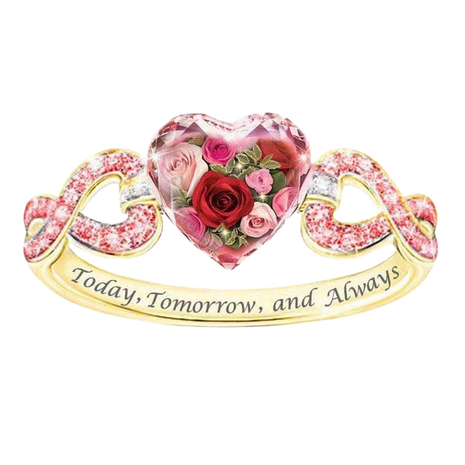 Wedding Ring Heart Shape Rose Stone Eternal Love Rhinestone Inlaid Ring