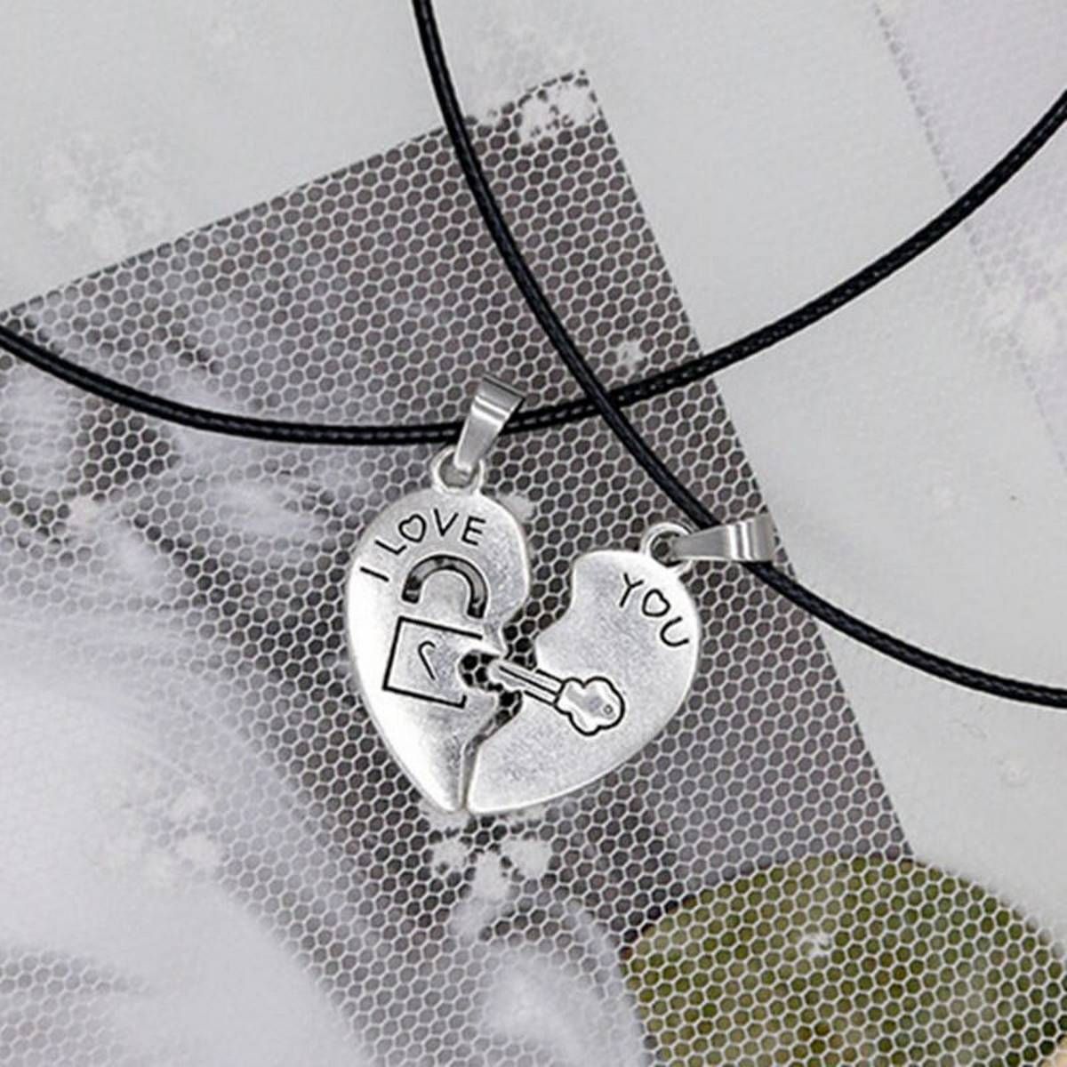 2 PCs/Set, Couple Necklace for Women and Men Black Pope Chain Paired Silver color and Bronze Two pieces Hearts Pendant Necklace