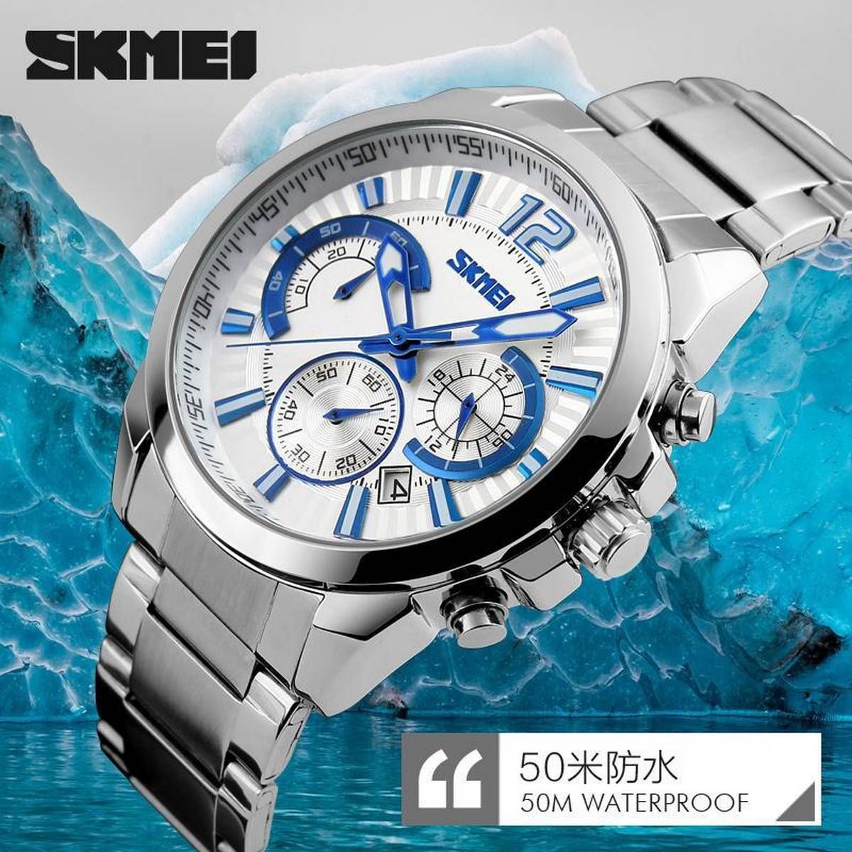 SKMEI 9108 4 Patterns Fashionable Stainless Steel Military Wristwatch Watch Waterproof For Men Glasses Quartz Dial Watch Strap Glass Mirror Precise Time Alloy Case
