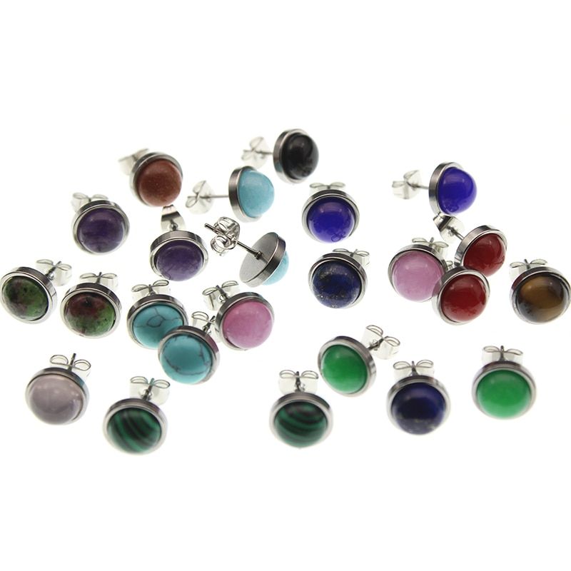 1pair Fashion Stainless Steel Stud Earrings For Women 8mm Round Natural Stone Beads Earrings Stud Men Ear Jewelry (Never Fade)