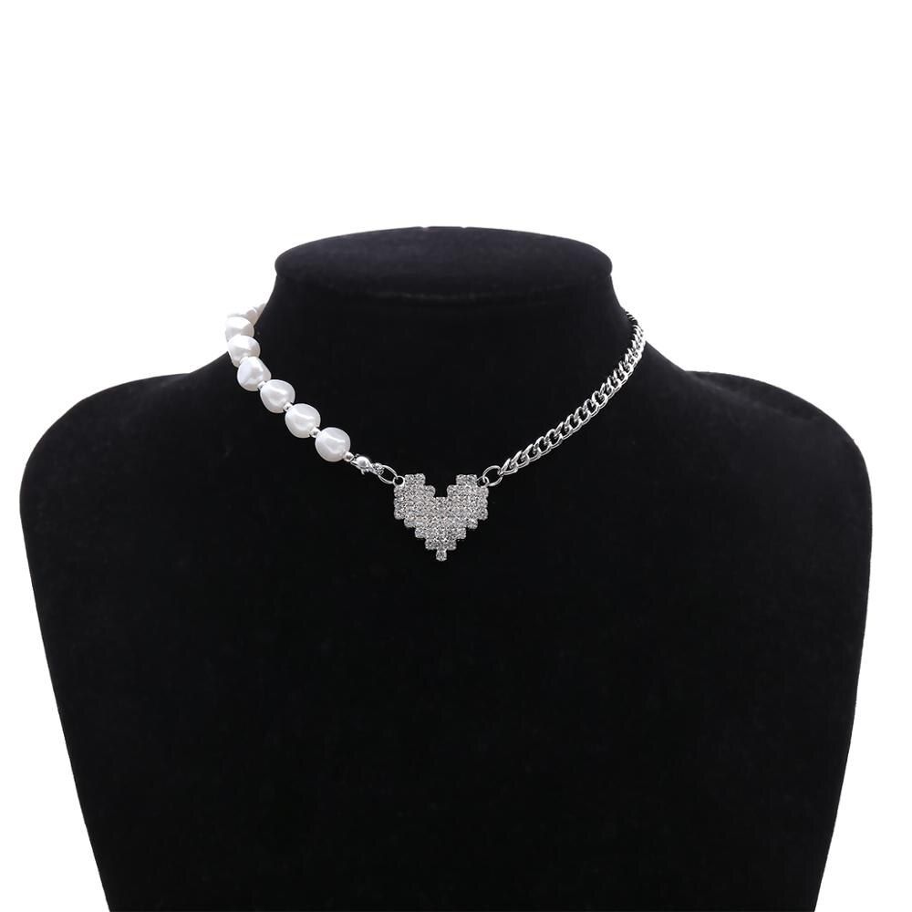 IngeSight.Z Punk Imitation Pearl Choker Necklace Collar Luxury Shiny Rhinestone Crystal Love Heart Pendant Necklace Jewelry Gift