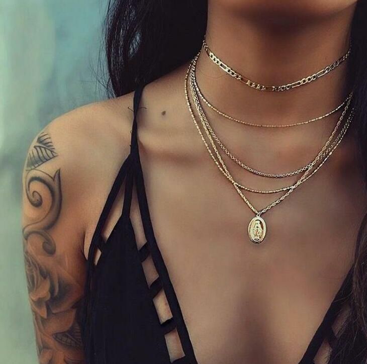 Docona 20 Style Women Bohemia Fashionable Necklace Geometric Shell Moon Star Cross Hollow Multi-layer Chain Chokers Jewelry