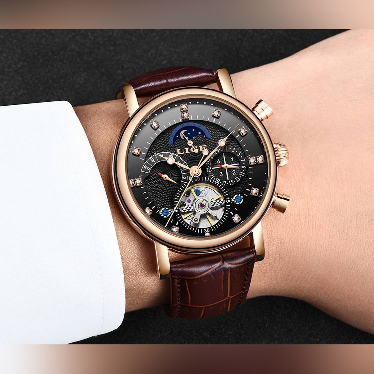 LIGE 9940 Automatic Mechanical Watch Tourbillon Clock Leather Casual Watch