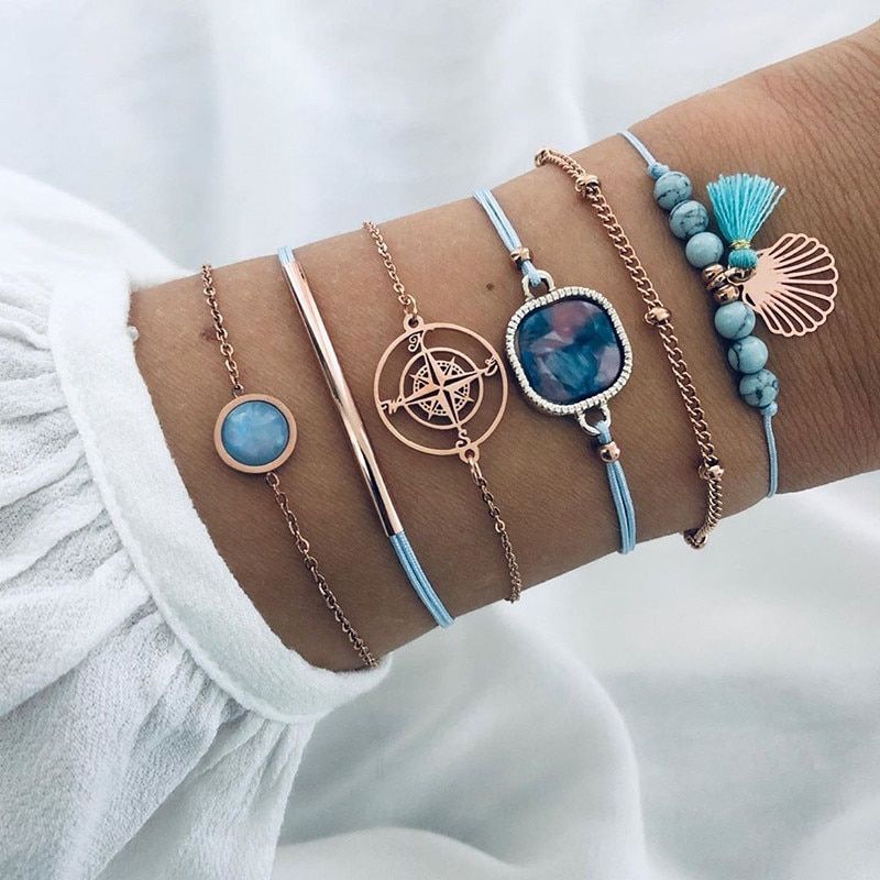 Modyle Boho Bracelets Set Hollow Compass Shell Bead Round Gem Chain Leather Multilayer Charm Bracelet For Women