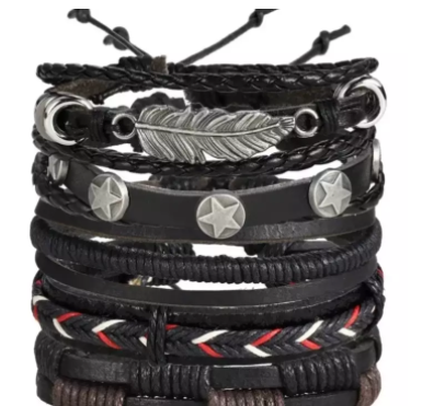 Impression Simple Vintage Adjustable Multilayer Feather Bracelet - Set of 4-Black