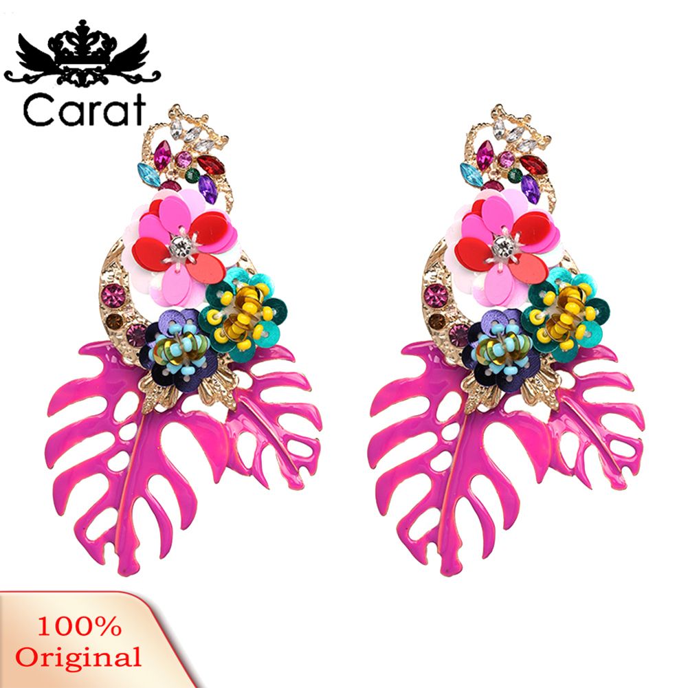 Vintage Women Leaf Flower Colorful Sequins Beads Rhinestone Statement Earrings