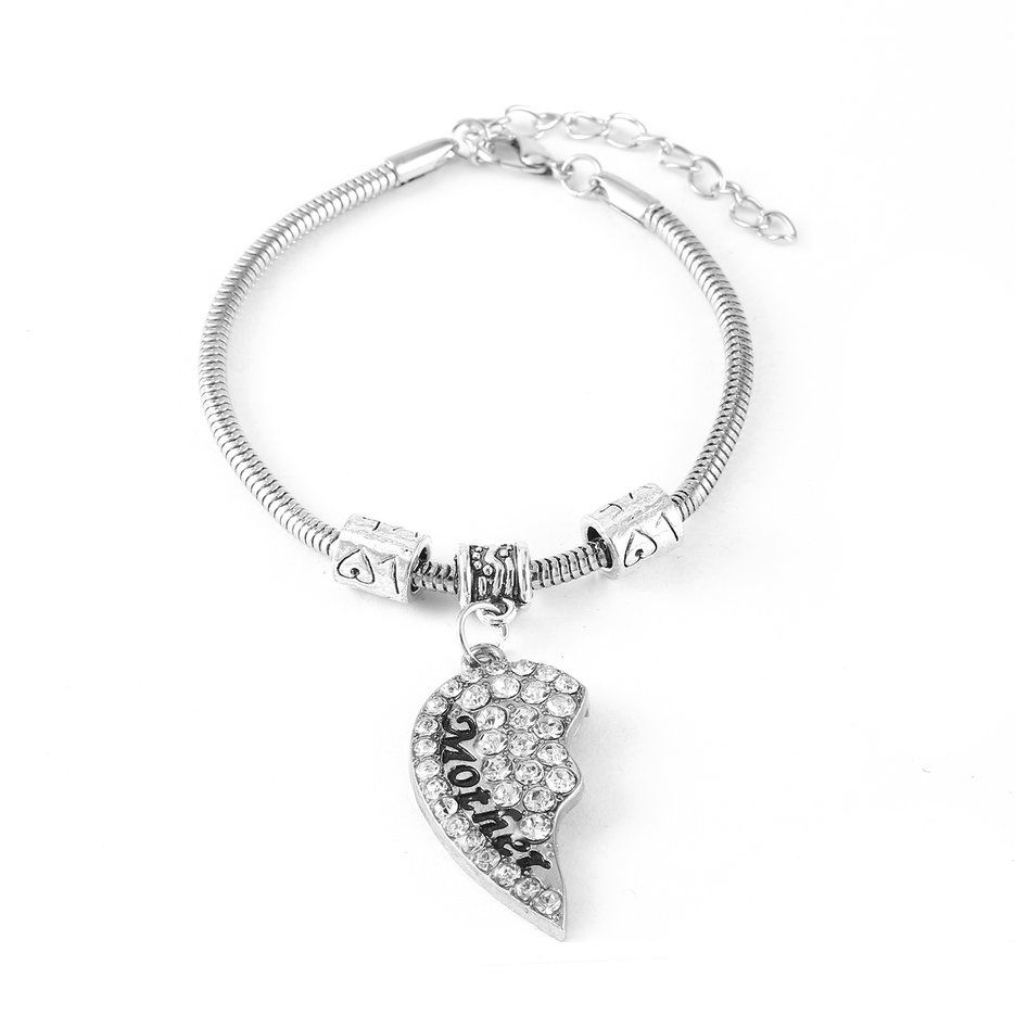 Women Lady Chain Mother Pattern Rhinestones Pendant Alloy Link Bracelet Charm Bangle Family Female Birthday Party Gift