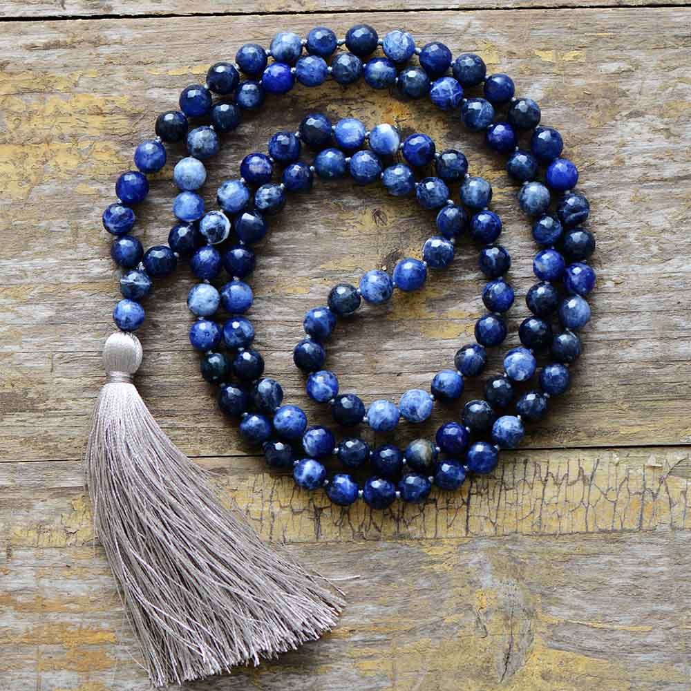 Meditation Necklace 8MM Natural Faceted Sodalite Soft Tassel Necklace Women Lariat 108 Beads Mala Necklace Dropshipping(null)