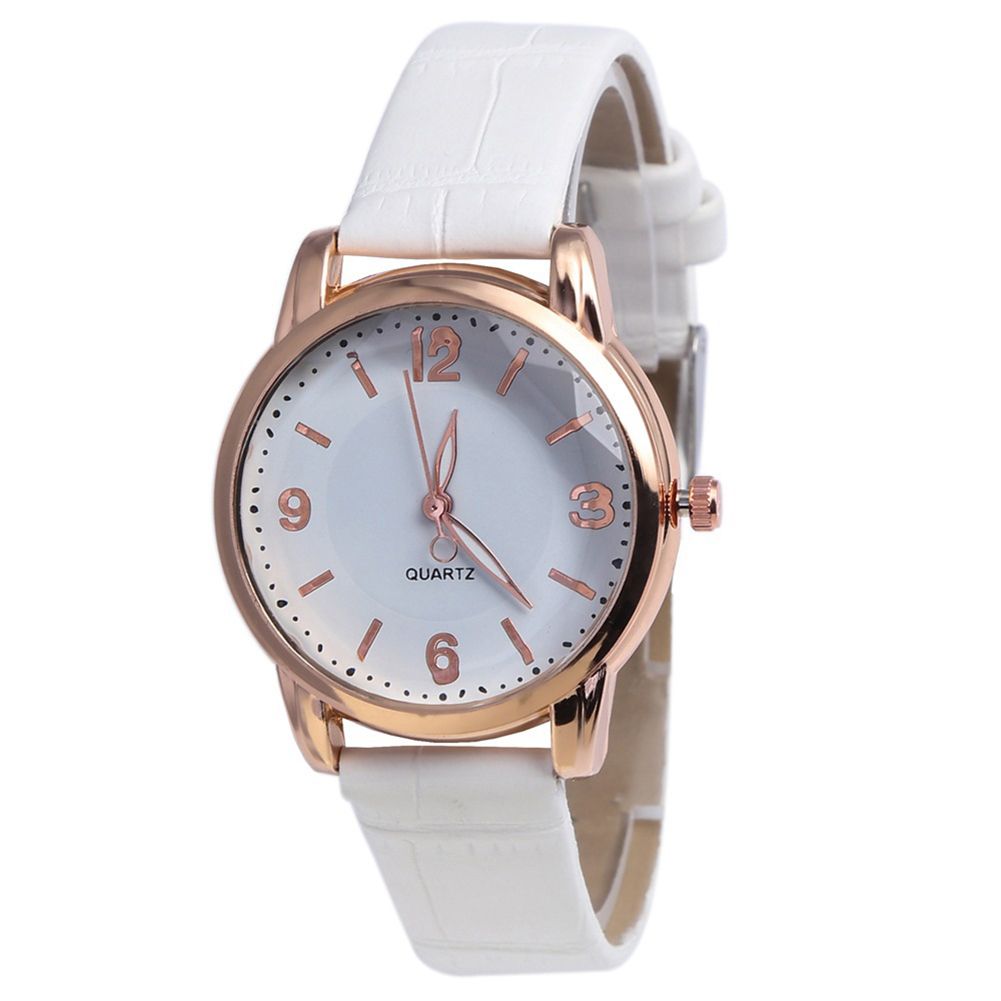 Fashion Women Round Dial Bamboo Grain Faux Leather Strap Analog Quartz Watch