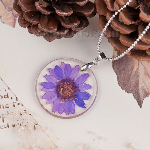 Doreen Box Handmade Boho Transparent Resin Dried Flower Daisy Necklace Ball Chain Silver Color White Round 45cm long, 1 Piece