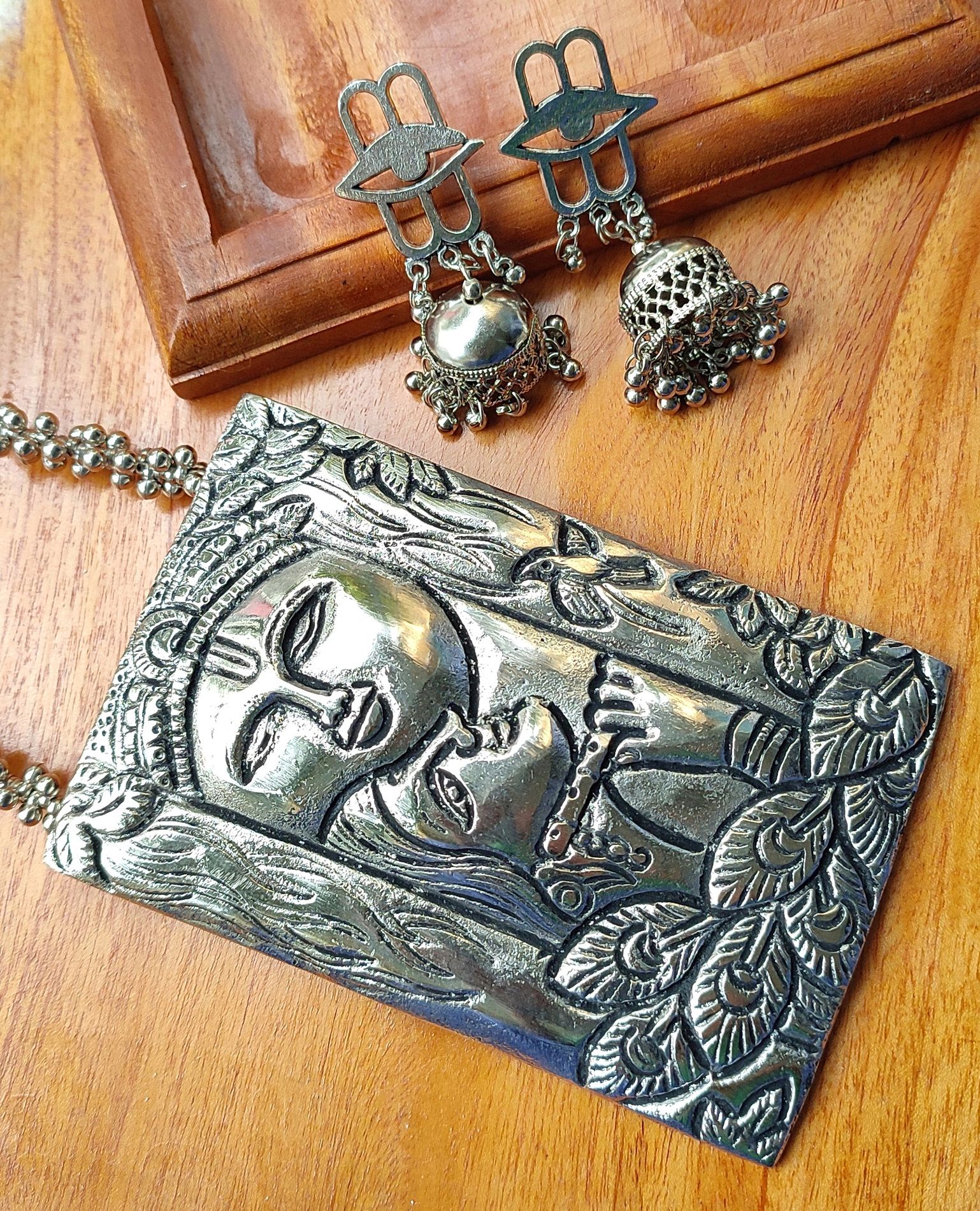 Indian Hand Crafted Oxidized Mythological Radha Krishna German Silver Ethnic Antique Necklace set
