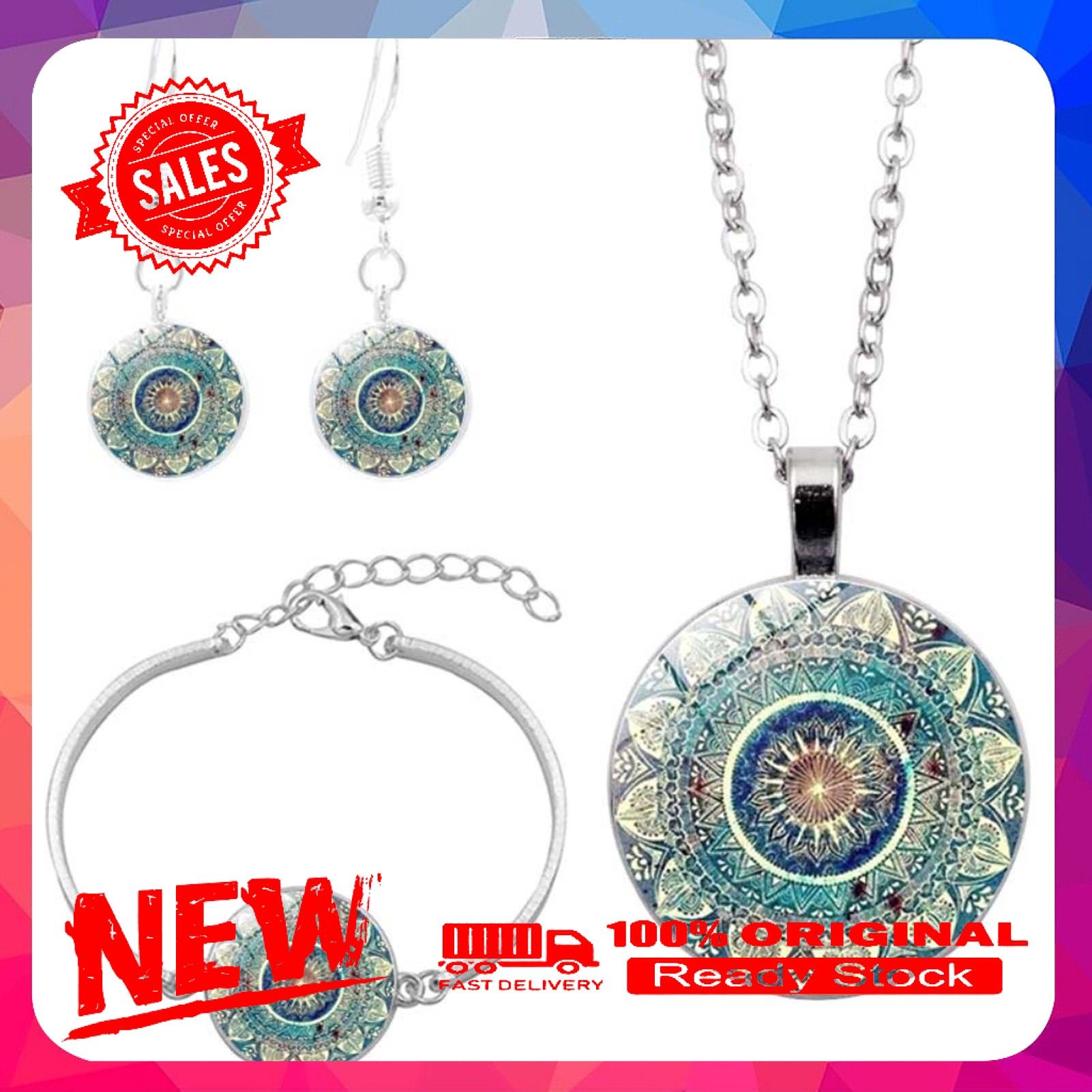 Mandala Jewelry Set Flower Pattern Meaningful Wear-resistant Mandala Necklace and Earrings Set Birthday Valentine Friendship Gift